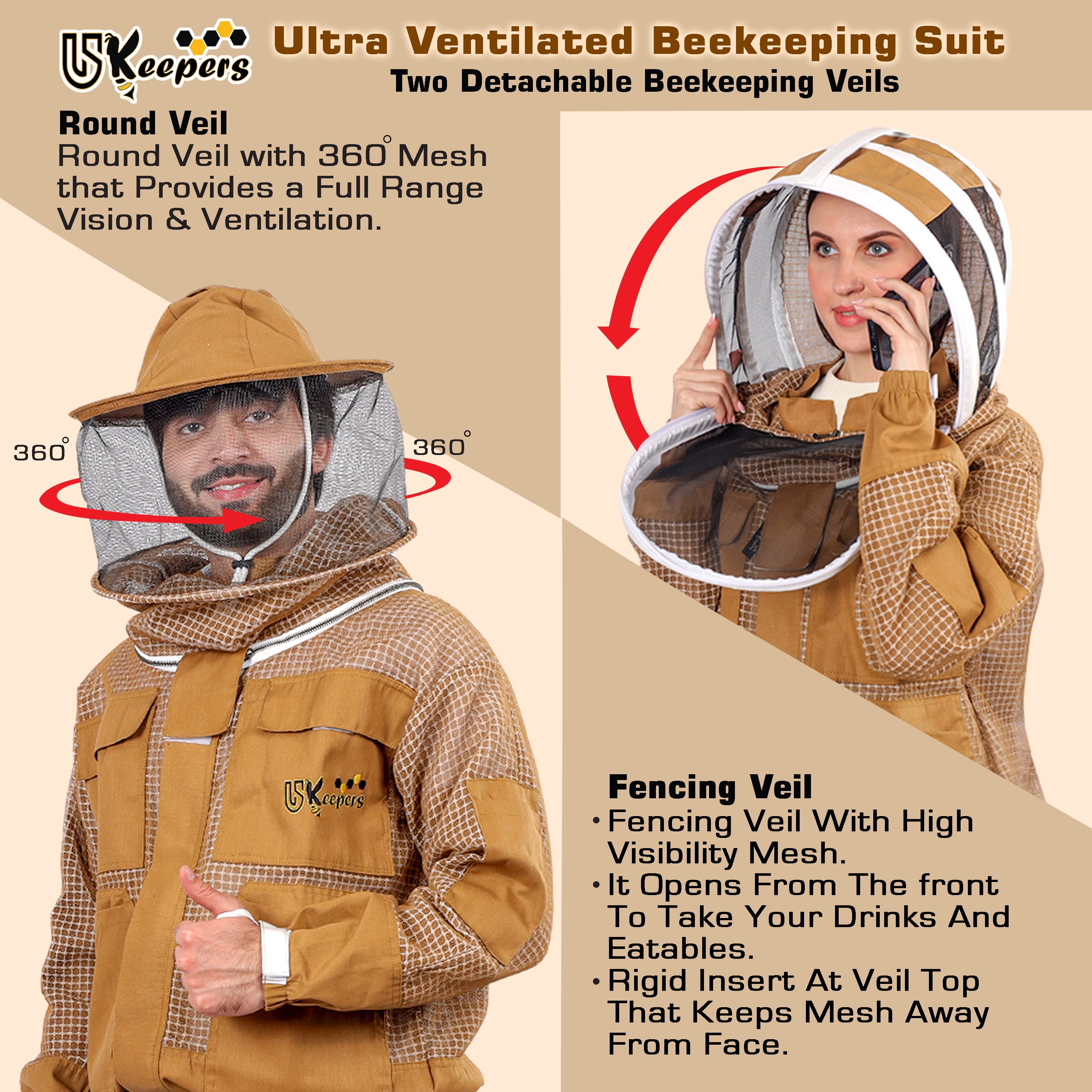 Ultra Ventilated 3-Layer Bee Suit, Beginners & Professional Beekeeping Suit for Men & Women, with Bee Gloves & 2 Beekeeping Veils.