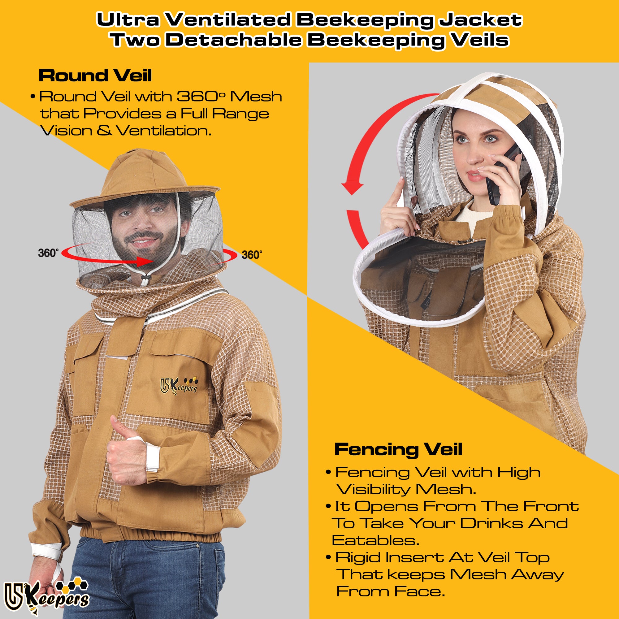 Ultra Ventilated 3-Layer Bee Jacket, Beginners & Professional Beekeeping Jacket for Men & Women, with Bee Gloves & 2 Beekeeping Veils.