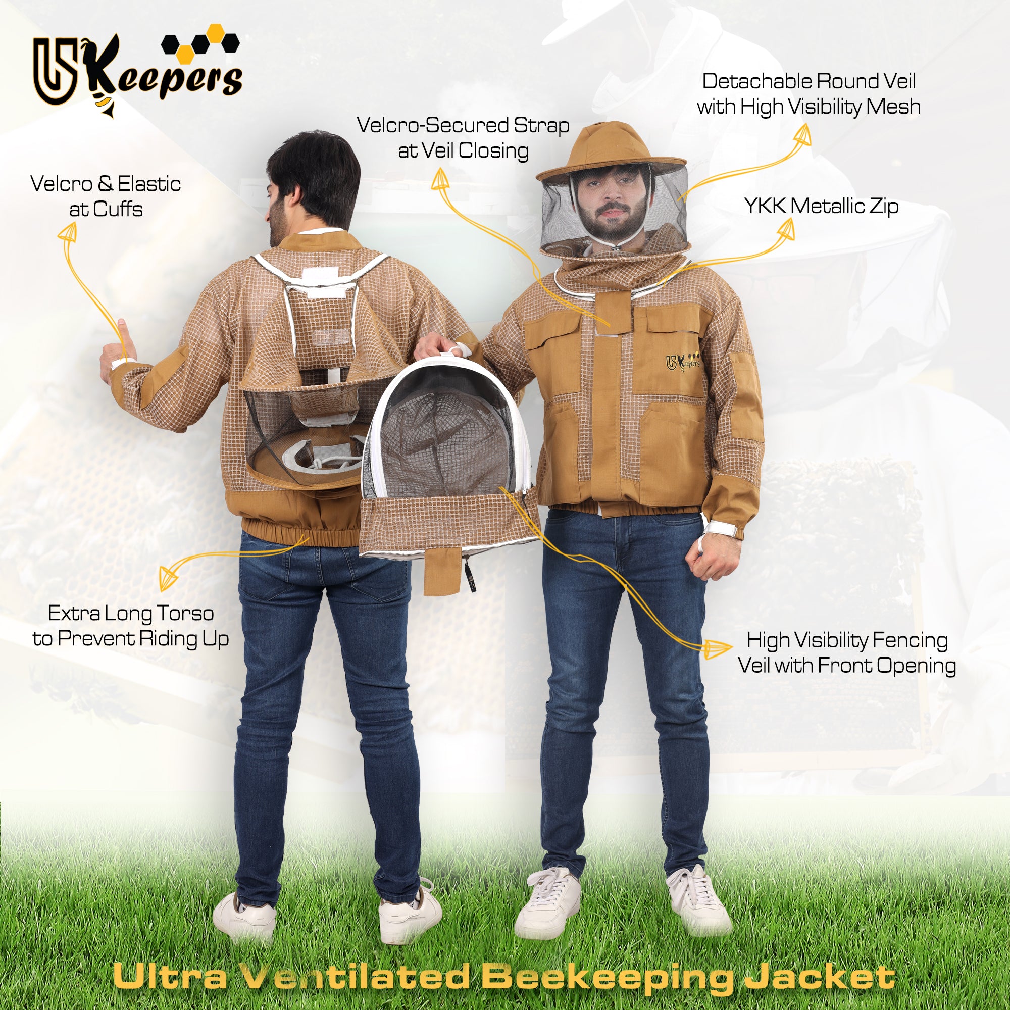 Ultra Ventilated 3-Layer Bee Jacket, Beginners & Professional Beekeeping Jacket for Men & Women, with Bee Gloves & 2 Beekeeping Veils.