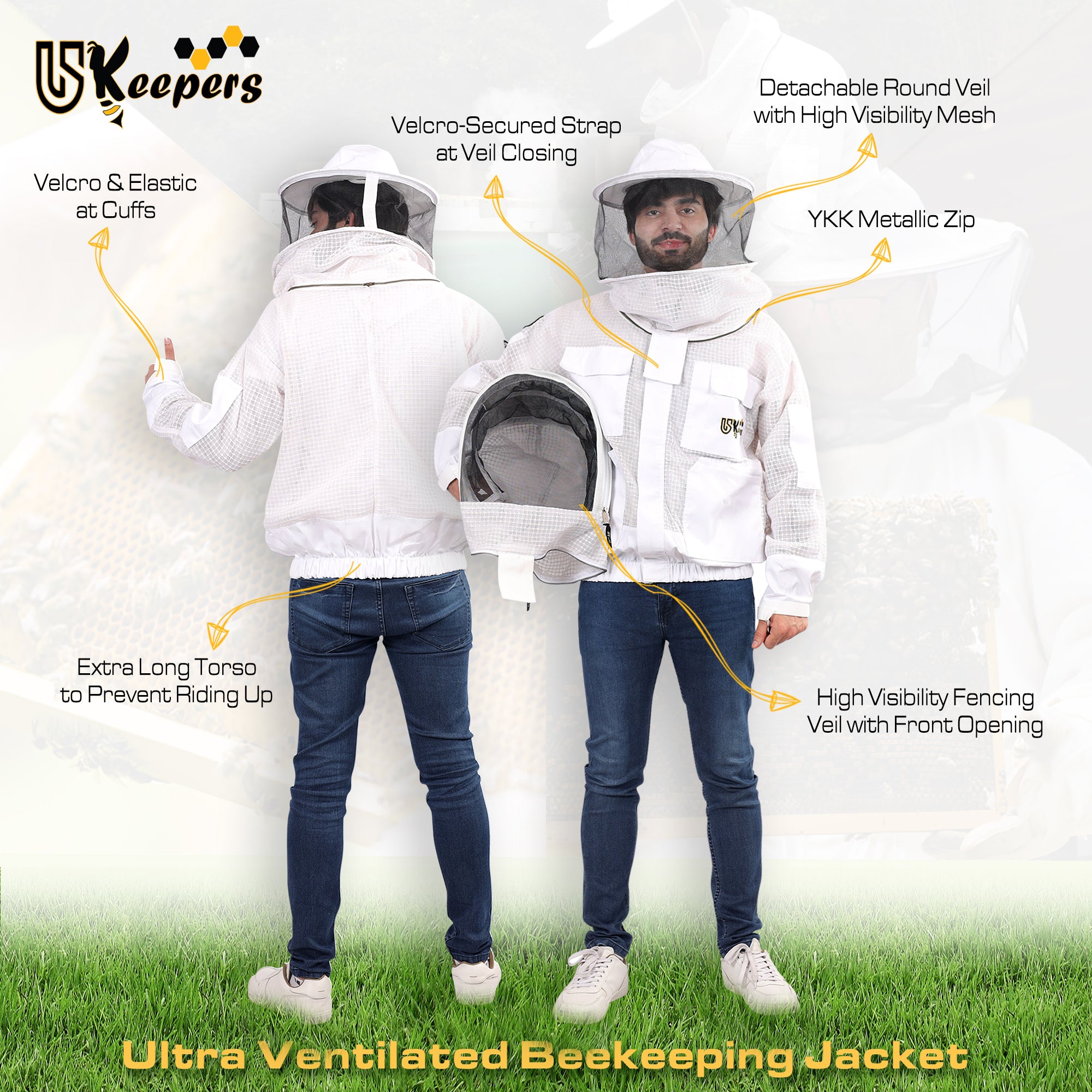 Ultra Ventilated 3-Layer Bee Jacket, Beginners & Professional Beekeeping Jacket for Men & Women, with Bee Gloves & 2 Beekeeping Veils.