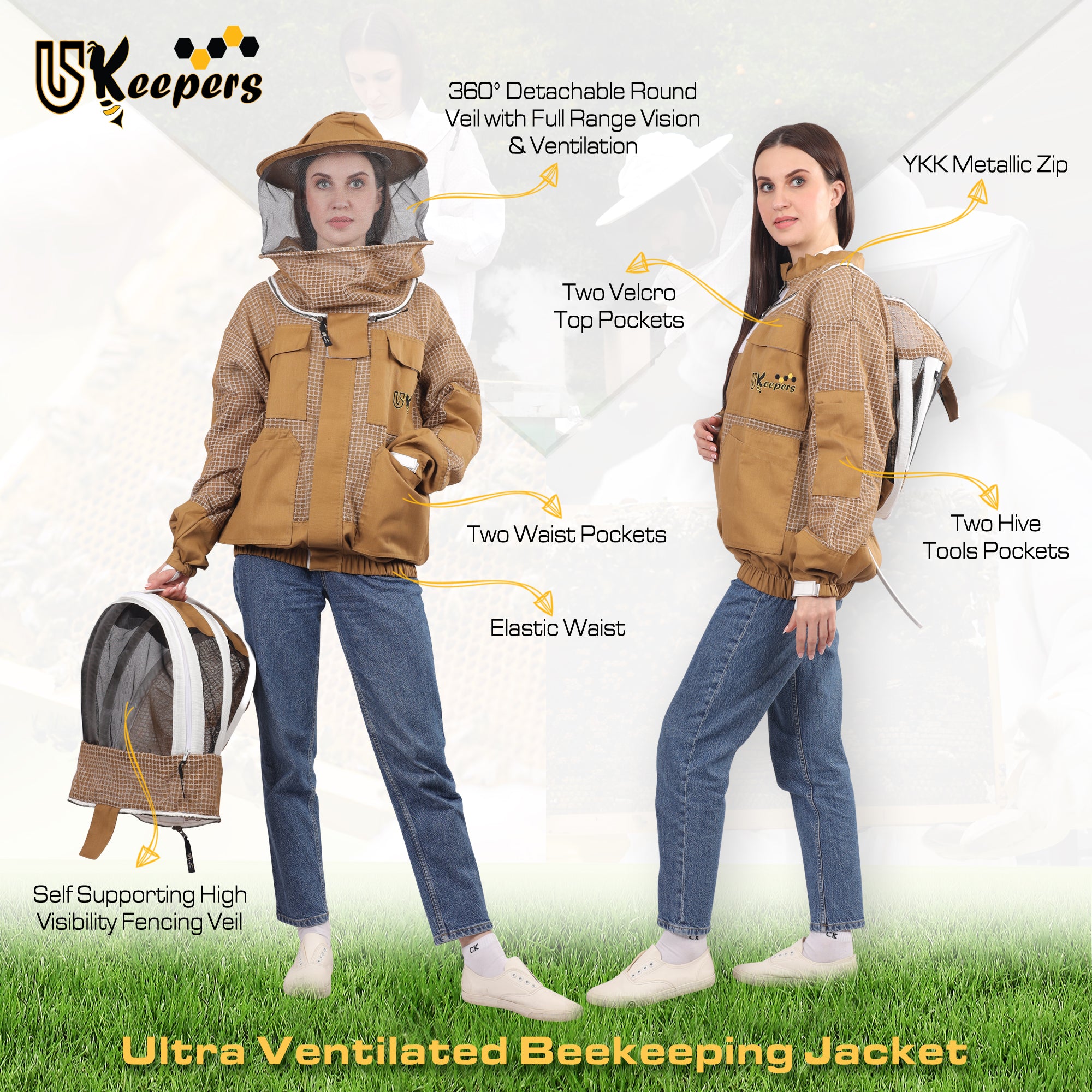 Ultra Ventilated 3-Layer Bee Jacket, Beginners & Professional Beekeeping Jacket for Men & Women, with Bee Gloves & 2 Beekeeping Veils.