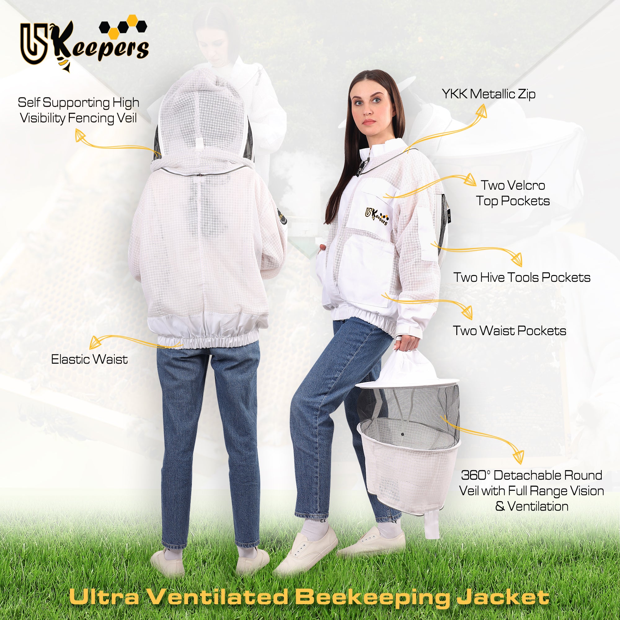 Ultra Ventilated 3-Layer Bee Jacket, Beginners & Professional Beekeeping Jacket for Men & Women, with Bee Gloves & 2 Beekeeping Veils.
