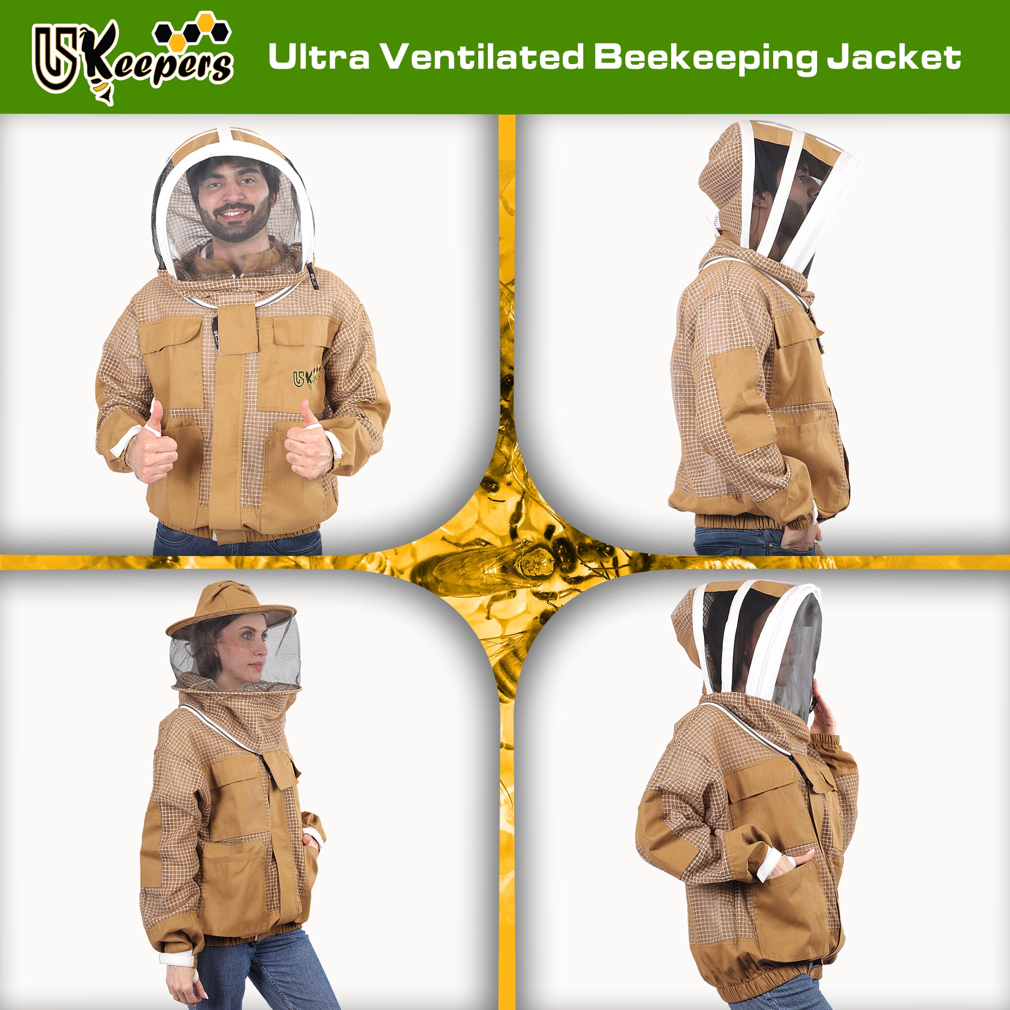 Ultra Ventilated 3-Layer Bee Jacket, Beginners & Professional Beekeeping Jacket for Men & Women, with Bee Gloves & 2 Beekeeping Veils.
