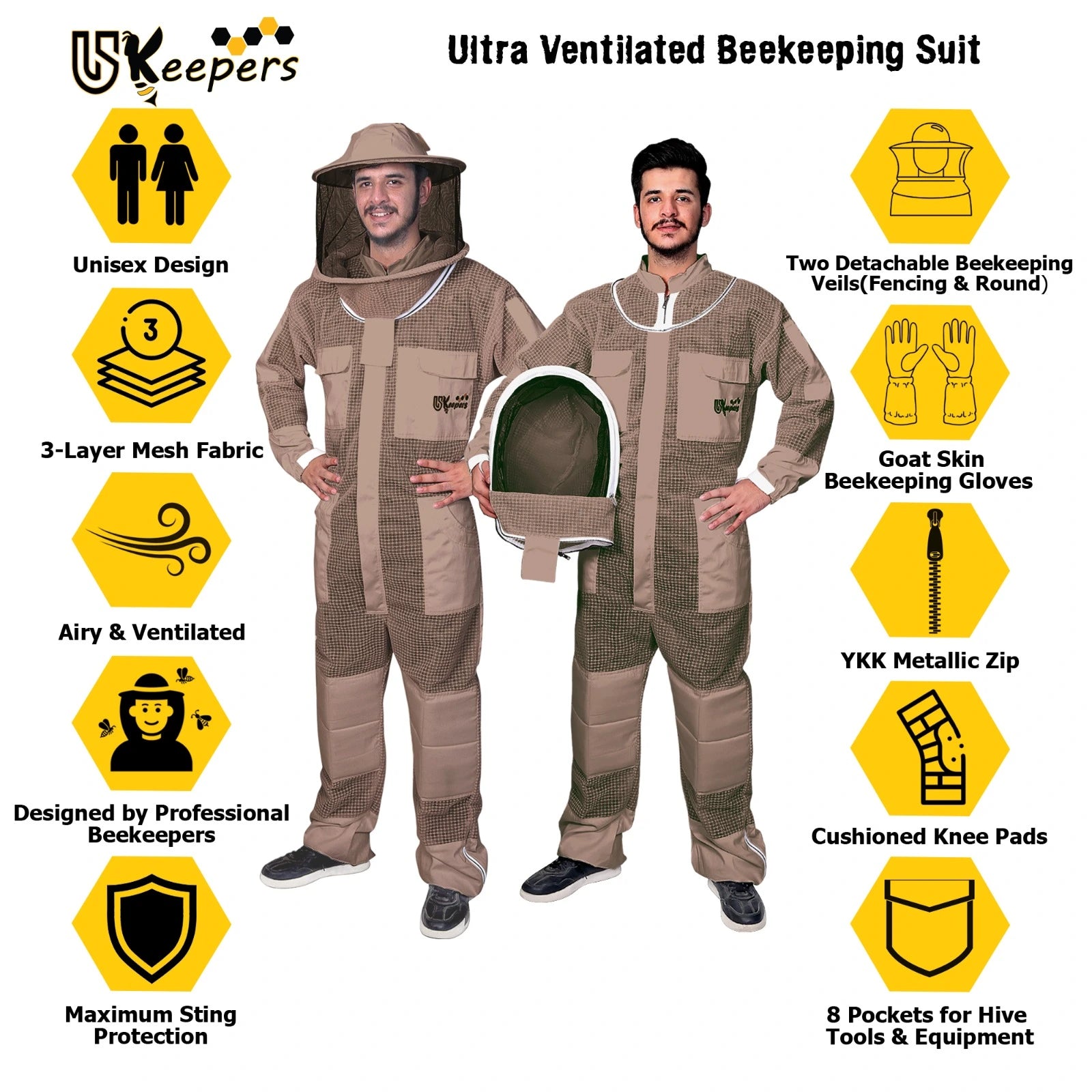 Beekeeping Suit 3 Layer Ventilated Professional Bee Keeper Brown.
