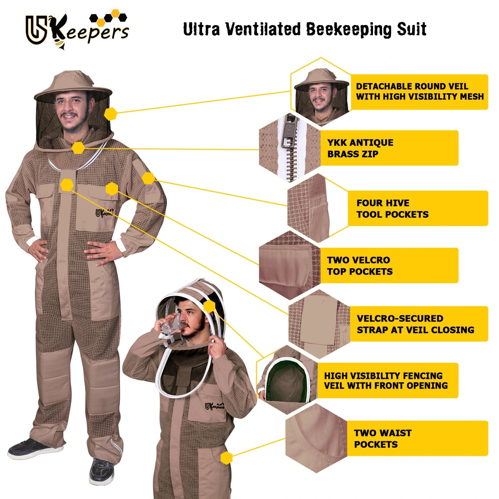 Beekeeping Suit 3 Layer Ventilated Professional Bee Keeper Brown.