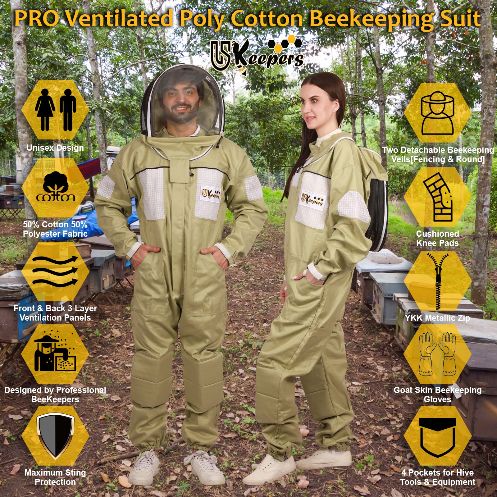 Semi Ventilated Poly Cotton Bee Suit, Beginners & Professional Beekeeping Suit for Men & Women, with Bee Gloves & 2 Beekeeping Veils.