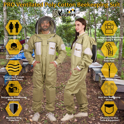 Semi Ventilated Poly Cotton Bee Suit, Beginners & Professional Beekeeping Suit for Men & Women, with Bee Gloves & 2 Beekeeping Veils.