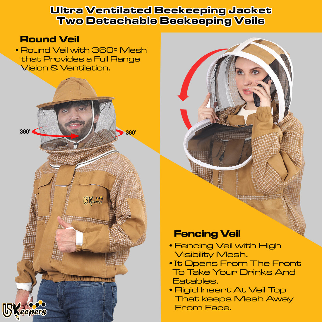 USKEEPERS Ultra Ventilated 3-Layer Bee Jacket, Beginners & Professional Beekeeping Jacket for Men & Women, with Bee Gloves & 2 Beekeeping Veils.