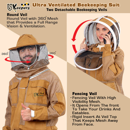 Ultra Ventilated 3-Layer Bee Suit, Beginners & Professional Beekeeping Suit for Men & Women, with Bee Gloves & 2 Beekeeping Veils.
