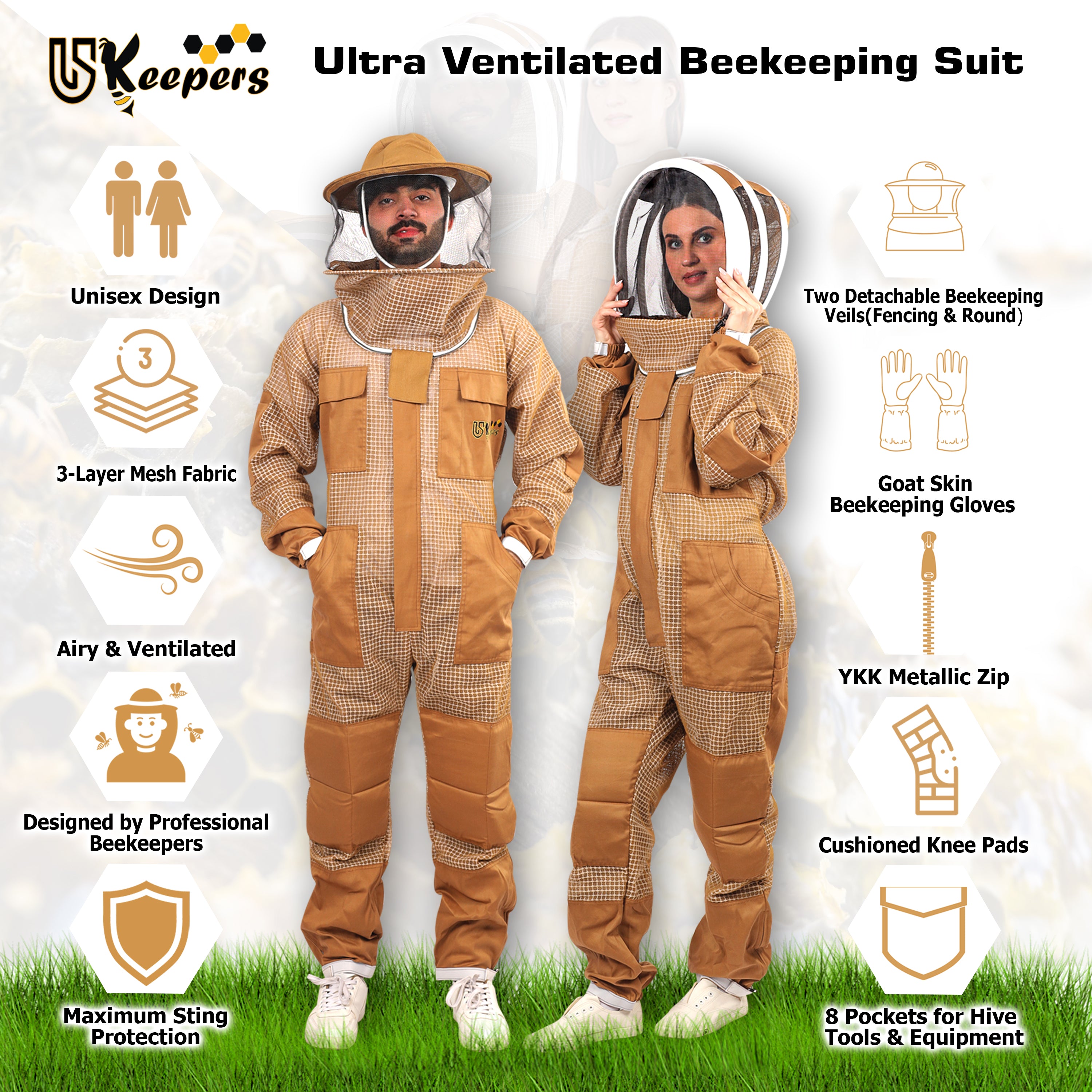 Ultra Ventilated 3-Layer Bee Suit, Beginners & Professional Beekeeping Suit for Men & Women, with Bee Gloves & 2 Beekeeping Veils.