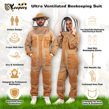 Ultra Ventilated 3-Layer Bee Suit, Beginners & Professional Beekeeping Suit for Men & Women, with Bee Gloves & 2 Beekeeping Veils.