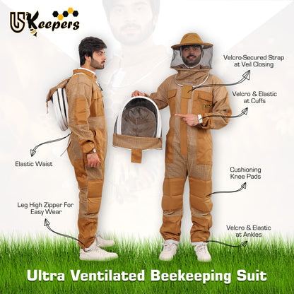 Ultra Ventilated 3-Layer Bee Suit, Beginners & Professional Beekeeping Suit for Men & Women, with Bee Gloves & 2 Beekeeping Veils.