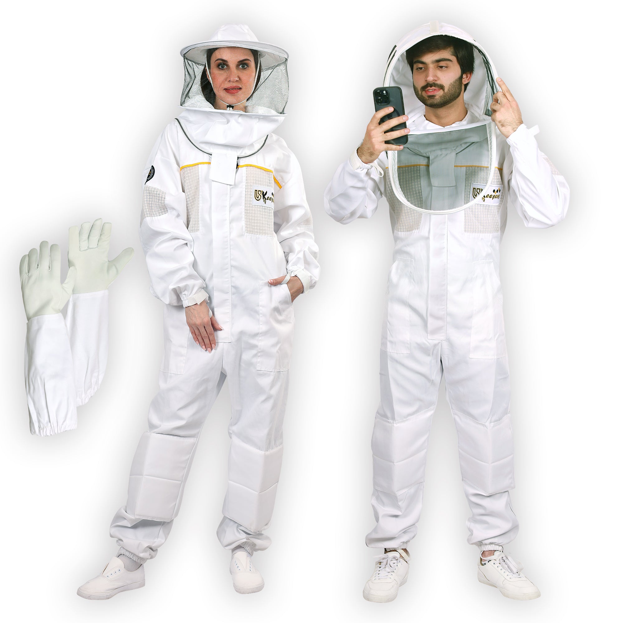 Semi Ventilated Poly Cotton Bee Suit, Beginners & Professional Beekeeping Suit for Men & Women, with Bee Gloves & 2 Beekeeping Veils.