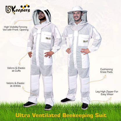 Ultra Ventilated 3-Layer Bee Suit, Beginners & Professional Beekeeping Suit for Men & Women, with Bee Gloves & 2 Beekeeping Veils.